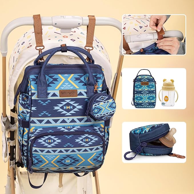 Montana West Wrangler Callie Diaper Bag Backpack with Pacifier Case, Crossbody Bottle Bag and Stroller Straps Western Pattern Multifunction Baby Travel Bag Set WG2215-9110NY