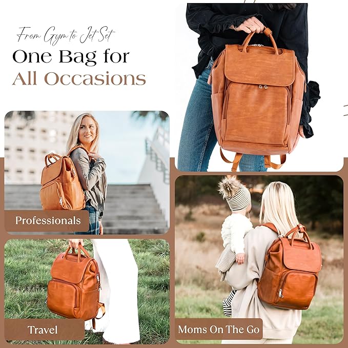 Citi Collective Explorer Brown Diaper Bag Backpack - Vegan Leather Diaper Bag with Shoulder Strap, Insulated Bottle Pockets, Changing Pad, Stroller Clip- Versatile Diaper Bag for Baby