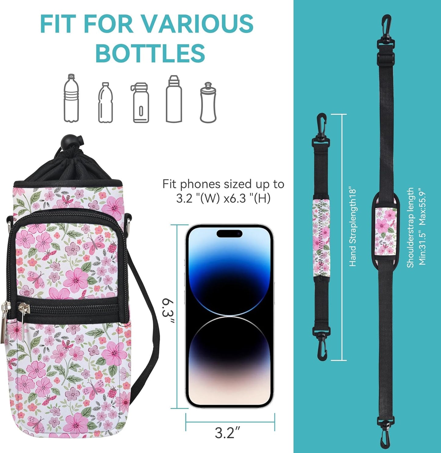 icolor Water Bottle Carrier Bag with Strap 25/32/40 oz Crossbody Bottle Holder with Phone Pocket Sling Sleeve Insulated Neoprene Water Bottle Pouch for Walking Travelling