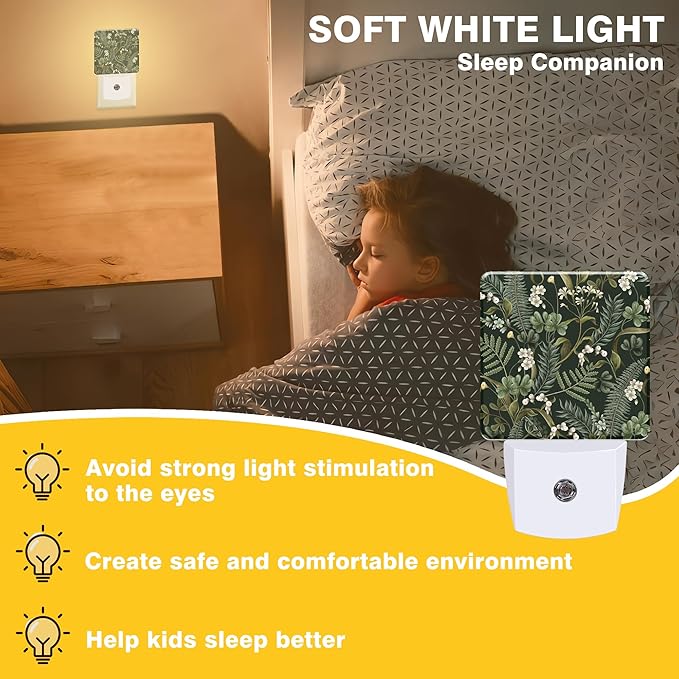 Botanical White Flowers Berries and Green Leaves Night Light, Plug-in Nightlight with Dusk to Dawn Auto Sensor for Home Bedroom Hallway Kitchen 0.5W Sleep Friendly Led Lamp for Women Men