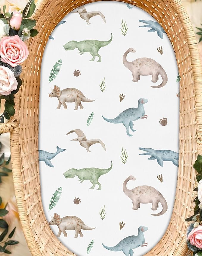 Bassinet Sheets for Baby Girls Boys 2 Pack, Fitted Baby Mattress Sheet for Rectangle, Oval, Hourglass Bassinet Mattress, Breathable Cozy & Universal Fit (Dino Pals)