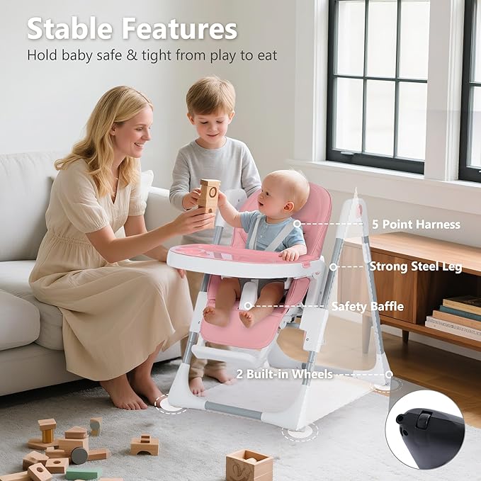 Kinder King Convertible High Chair for Babies & Toddlers, Adjustable Baby Feeding High Chair with Removable Double Tray, Simple Compact Fold for Space-Saving, 2 Built-in Wheels, Easy to Clean, Pink