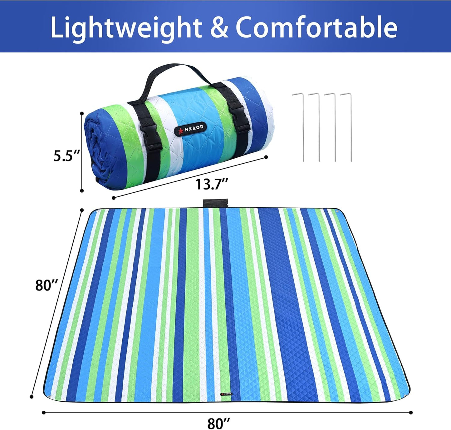 HX&OD Outdoor Picnic Blanket Extra Large, 80''*80'' Waterproof Picnic Mat with Stakes Foldable Camping Blanket Portable with Carry Strap for Beach Mat (Blue, 80''*80'')