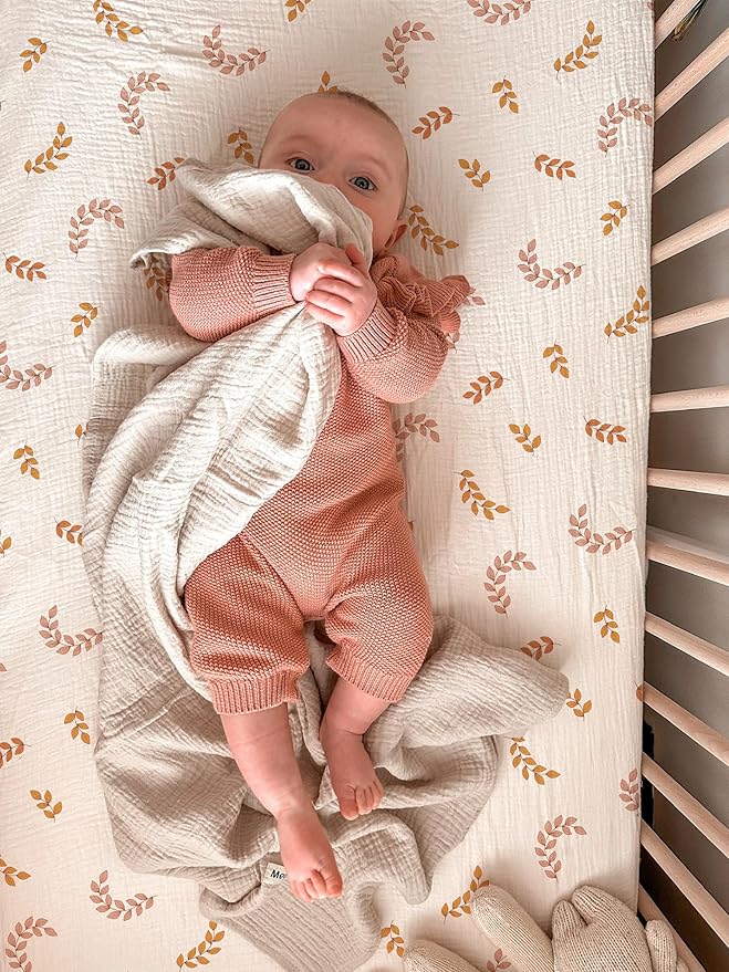 Crib Sheets for Boys Girl, Fitted Baby Toddler Bed Sheets 28" x 52", Neutral Muslin Cotton Crib Mattress Bedding Soft and Breathable Comfort (Leaf)