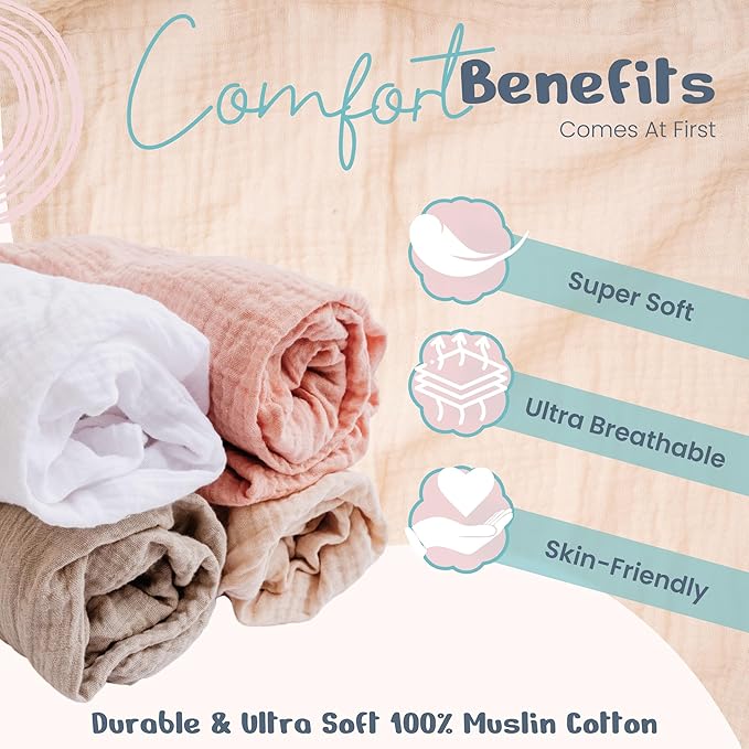 100% Muslin Changing Pad Cover Ultra Soft 120GSM Baby Changing Pad Covers for Girls and Boys - Easy wash Diaper Changing pad Cover with Low Shrinkage (4 Pack - White/Beige/Sand/Greish)