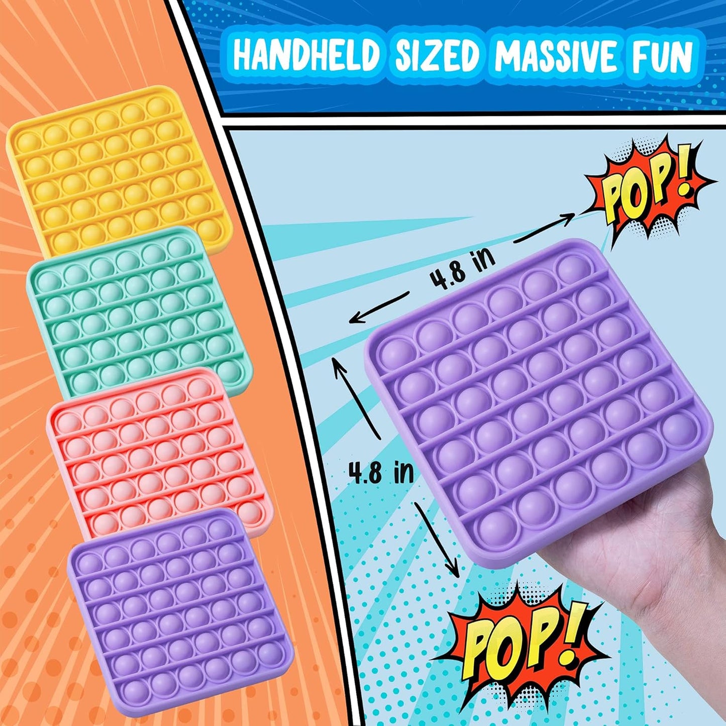 Push Pop Fidget Toy, 4-Pack Push Pop Bubble Fidget, Square Push Pop Bubble Sensory Fidget Toy, Pastel Pink, Mint, Yellow, Purple, Party Favors