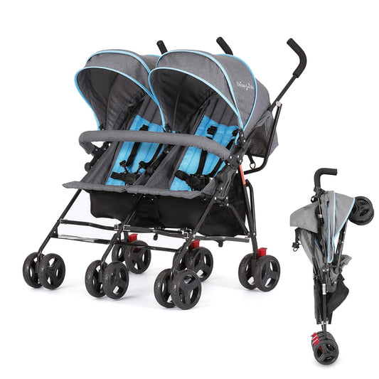 Dream On Me Volgo Twin Umbrella Stroller in Blue, Lightweight Double Stroller for Infant & Toddler, Compact Easy Fold, Large Storage Basket, Large and Adjustable Canopy