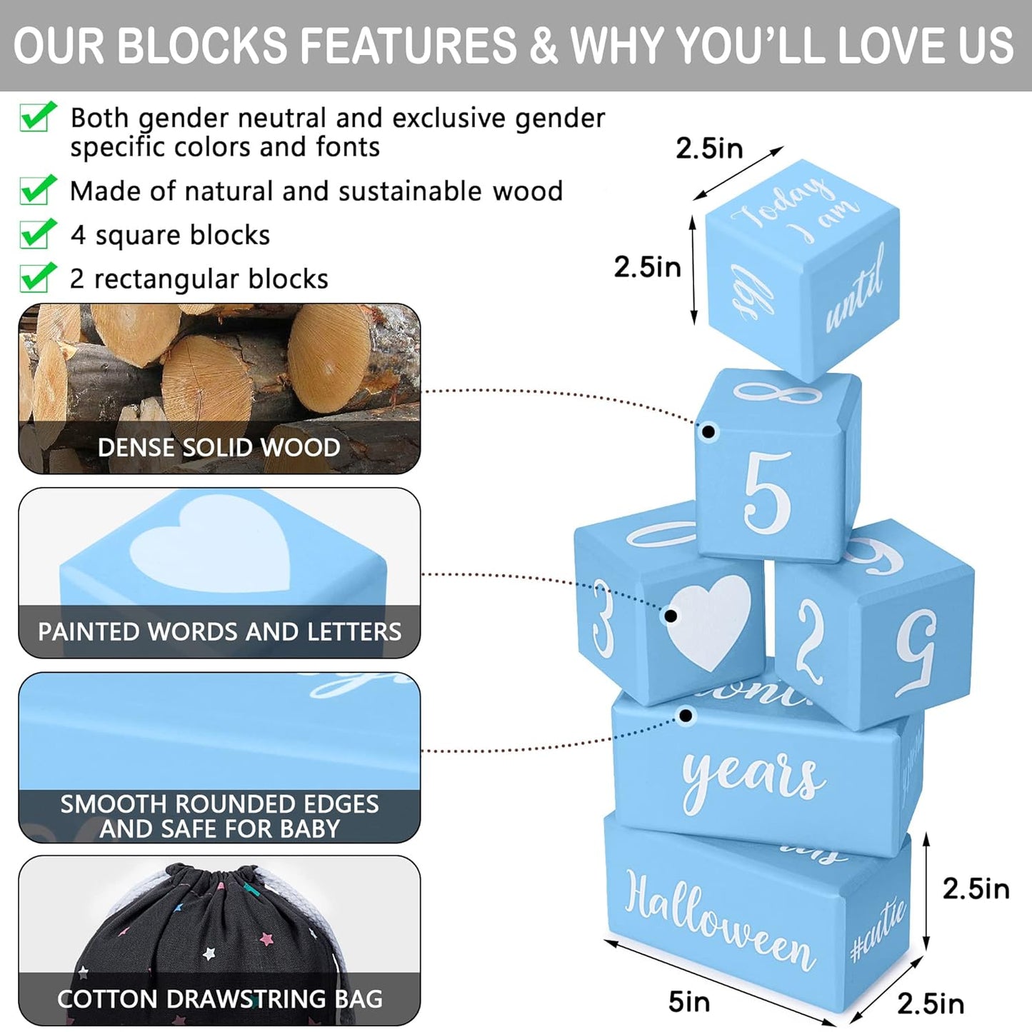 Blue Baby Monthly Milestone Blocks. Baby Age Blocks for Girl or Boy Baby Photo Props and Baby Shower. Month Baby Milestone Blocks with Grammatically Correct Month and Year