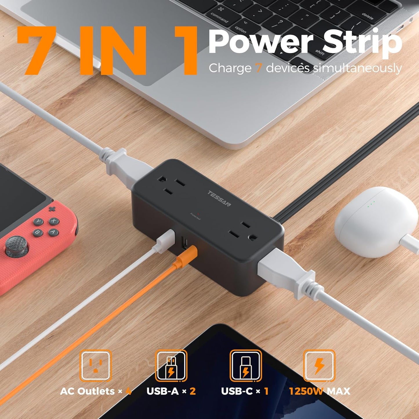 Black Extension Cord 5 Ft, TESSAN Flat Surge Protector Power Strip with 4 Wide Spaced AC Outlets 3 USB Ports (1 USB C), Ultra Thin Flat Plug with 900J Surge Protection, Office Dorm Room Essentials