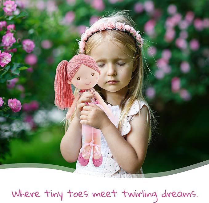 June Garden 15" Ballerina Plush Doll Rosalie - Soft Pink Hair Doll in Floral Dress & Tulle Skirt with Ballet Shoes - Gift for Girls & Toddlers