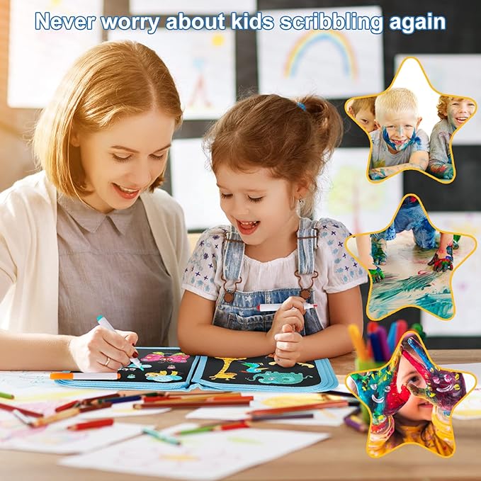 Erasable Doodle Set for Kids - Reusable Magic Drawing Book with 12 Watercolor Pens 14 Page Drawing, Road Trip Car Game Writing Painting Set for Boys and Girls (Dolphin)