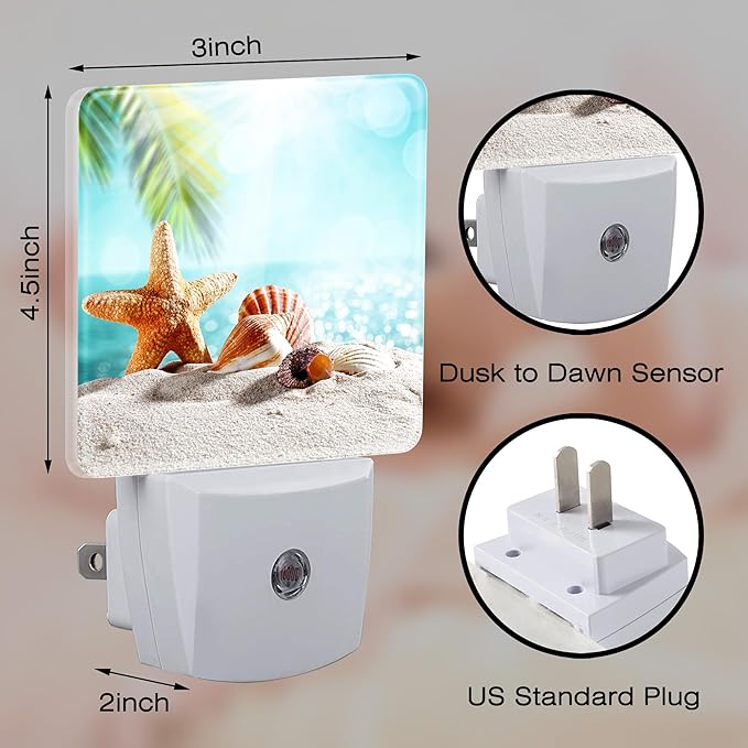 Starfish Seashells on Sand Night Light Plug into Wall, Summer Tropical Beach Ocean Dusk to Dawn Night Light Plug in,0.5w Energy Saving Sleep Friendly NightLight for Kids Boys Girls Home Decor