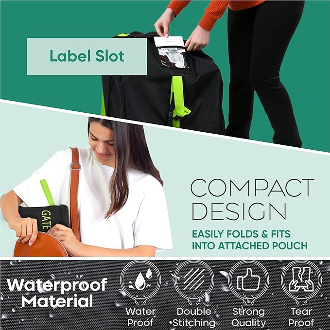 reperkid Car Seat Travel Bag for Airplane, Black and Green, 33" H x 18" W x 18" D, Fits Most Convertible, Booster and Infant Car Seats – Premium Waterproof Cover, Adjustable Shoulder Strap