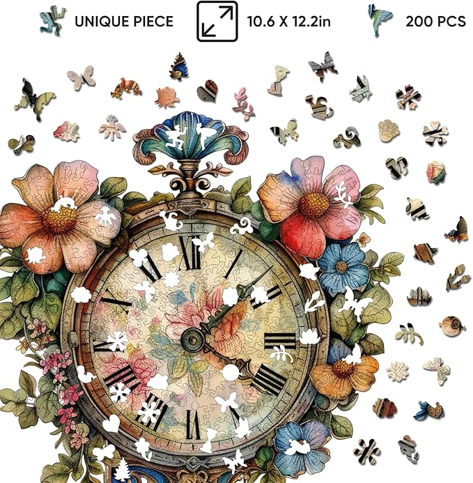 Jiroinlly Wooden Jigsaw Puzzles, Flower Clock Wooden Puzzles for Adults 200 Pieces, Unique Shaped Wood Puzzle, Beautiful Package, Best Gift Toys for Adults and Kids, Family Game,12.2'' x 10.6''