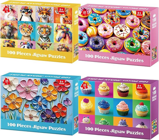 100 Piece Puzzles for Kids Ages 4-8 - Animals Flower Cupcakes Donuts Puzzle for Kids Ages 8-10 Large Puzzles for Senior Jigsaw Puzzles for Kid Ages 6-8 Year Old Educational Puzzle Toys 4-Pack