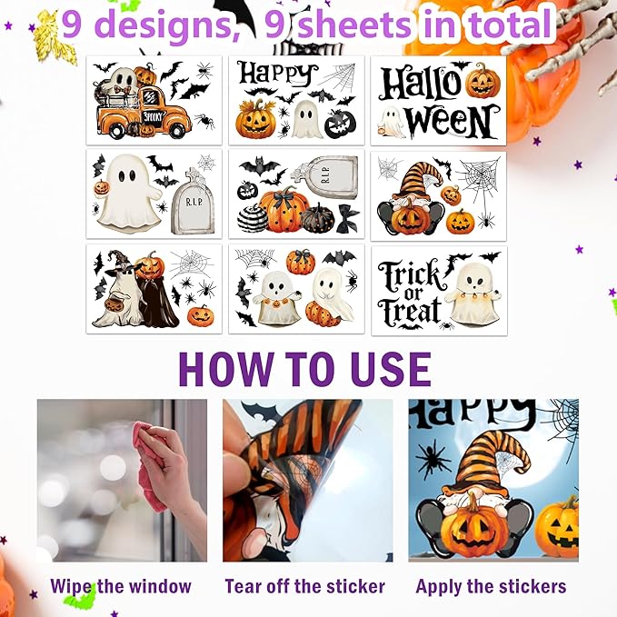 Halloween Window Clings,Double-Sided Reusable Window Decals,Vintage Ghost Pumpkin Bat Stickers for Glass Windows,Home Shop Glass Decorations,9 Sheets