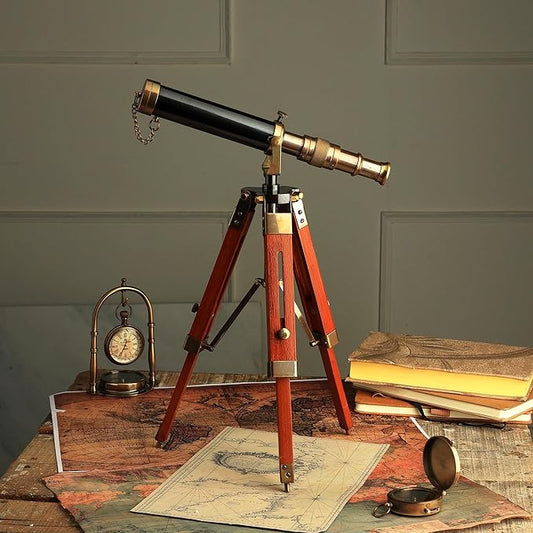 Table Décor 9 inch Telescope Vintage Marine Gift Functional Instrument Collectables Gift Item (Brass Antique + Wood)