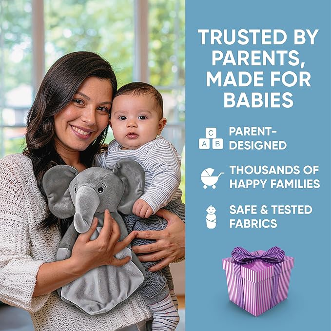 Love By Emi Baby Music Lovey Grey Elephant, Baby Sleep Soother for Crib & Cuddle Bedtime, White Noise with a Heartbeat & Lullaby, Plush Sound Toy, Stuffed Animal for Newborns, Infants & Toddlers