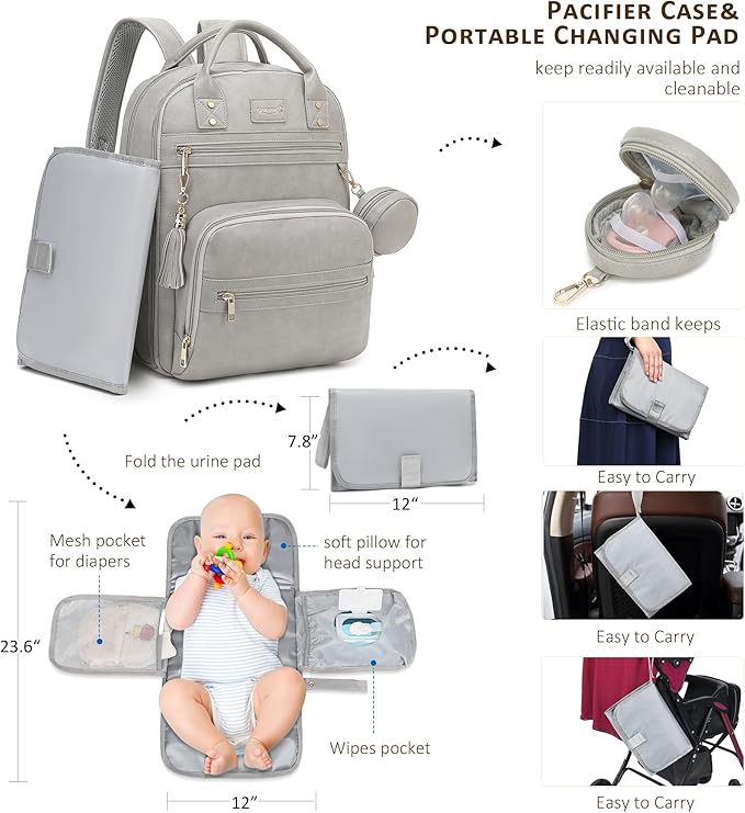 Premium Vegan Leather Diaper Bag Backpack with Waterproof Changing Pad, Reinforced Zippers & Odor-Free, 20 Pockets Pro Organizer, Fits 15.6" Laptop, Stroller Straps, Baby Bag for Mom, Grey