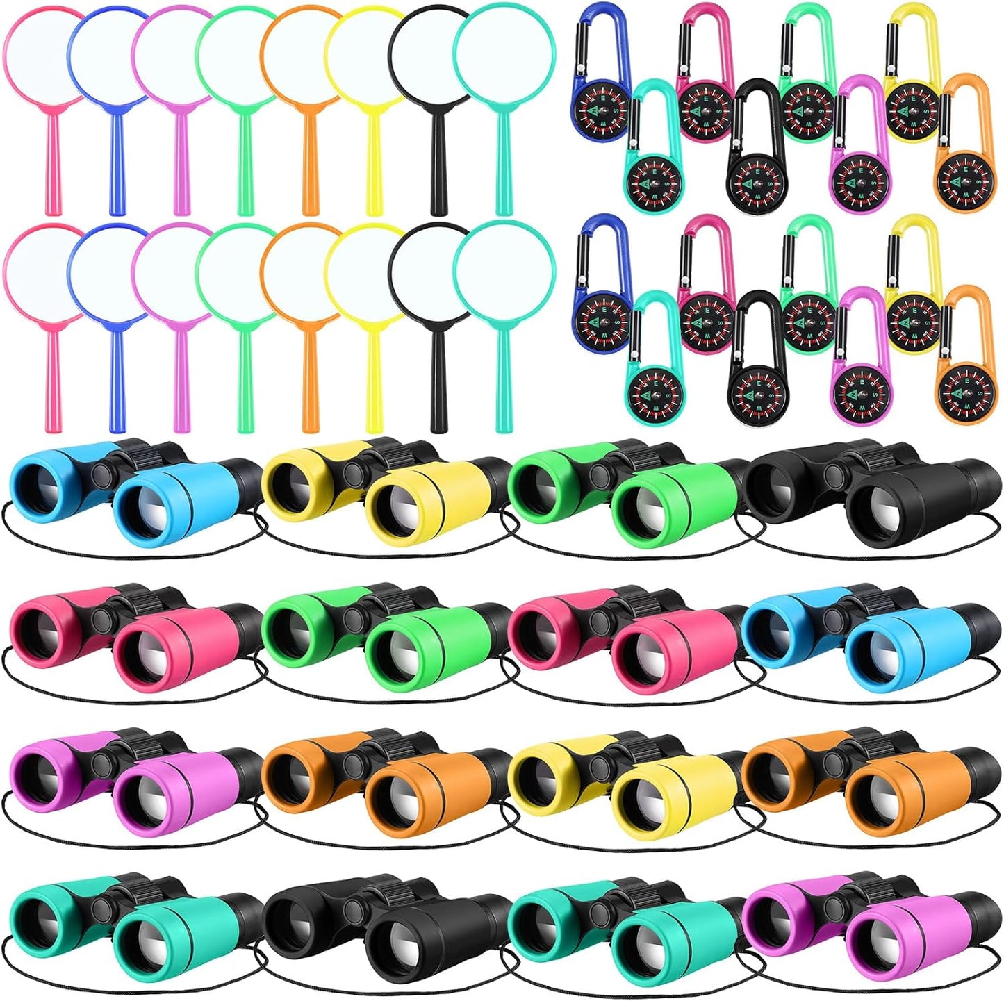 Hiboom 8 Set Kids Binoculars Bulk Shockproof Folding Children Mini Compact Binoculars Compass Magnifying Glass for 3-12 Years Boys Girls Kids Bird Watching Camping Outdoor Play