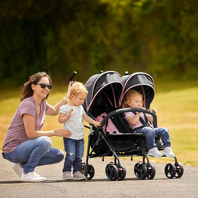 Dream On Me Volgo Twin Umbrella Stroller in Pink, Lightweight Double Stroller for Infant & Toddler, Compact Easy Fold, Large Storage Basket, Large and Adjustable Canopy