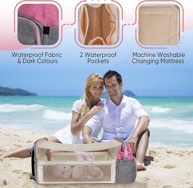 Grey Pink Baby Diaper Bag Backpack with Changing Station for Boy & Girl, Multifunction Large Diaper Bag Backpack for Mom, waterproof travel diaper bag for women, pañaleras para bebe niña