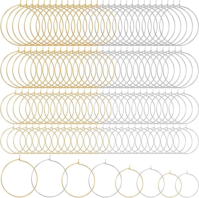 Pndeyo 120pcs Hypoallergenic Earring Beading Hoops, Mix Sizes Round Hoop Earrings Findings, Open Earring Wire Ring Accessories for Jewelry Making- Gold & Silver