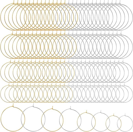 Pndeyo 120pcs Hypoallergenic Earring Beading Hoops, Mix Sizes Round Hoop Earrings Findings, Open Earring Wire Ring Accessories for Jewelry Making- Gold & Silver