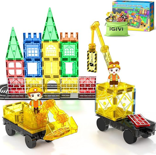 106PCS Magnetic Tiles Road Construction Set - STEM Magnet Building Blocks with Excavator & Crane - Educational Toys Games for Kids Ages 3-12 - Toddler Toys Gifts for Boys and Girls