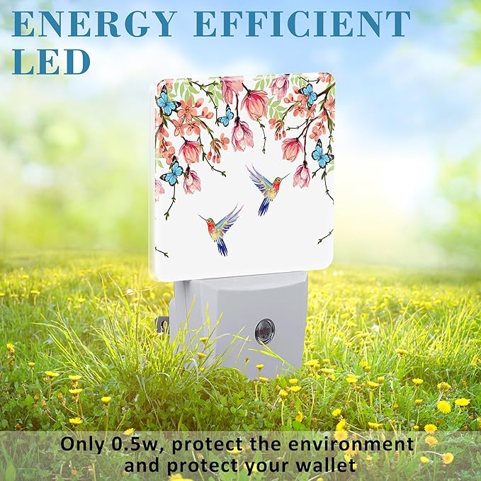 Hummingbirds and Blue Butterflies Night Light Plug into Wall with Dusk to Dawn Sensor Cute Nightlight for Kid Girls Boys Women Men Room Decor, Hallway, Kitchen, Bathroom, Nursery, Stairs