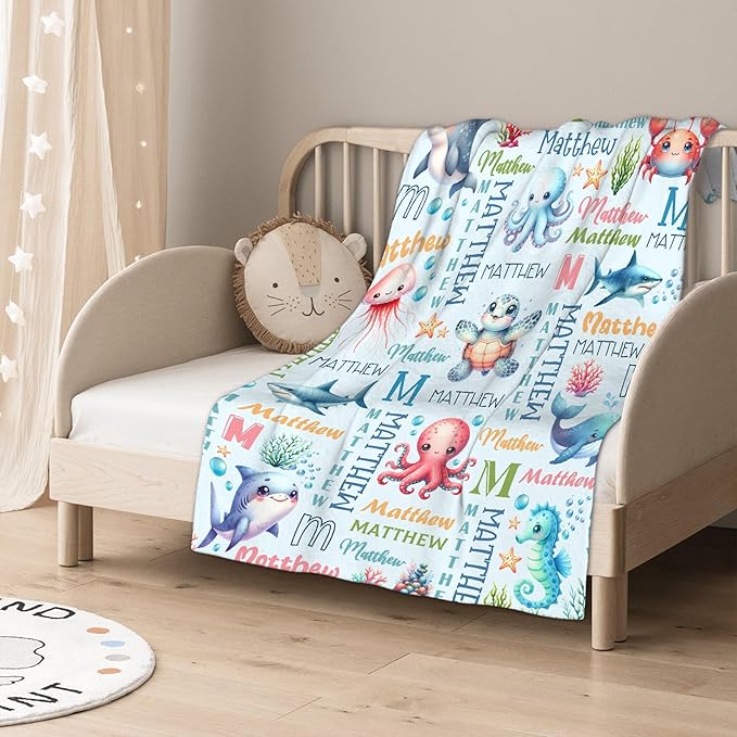 Personalized Baby Blanket for Girls Boys Kids Turtle Sea Animals Custom Baby Blanket with Name Throw Birthday Gift for Toddlers Infants Shower Newborns Nursery Stroller Crib Bed Decor