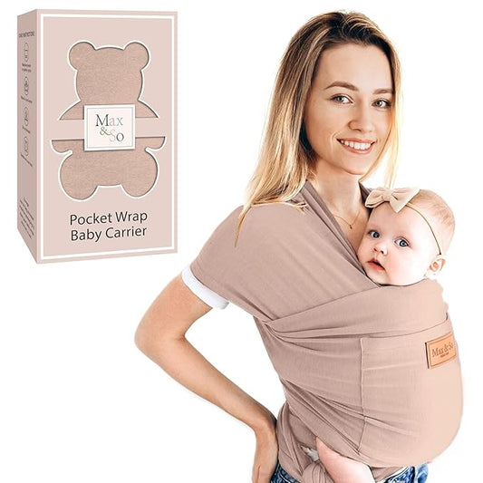 Baby Wrap Carrier - Premium Cotton Baby Carrier Wrap for Newborn to Toddler- Infant Carrier- Baby Holder One Size Fits All with Front Pocket(Beige) by Max&so