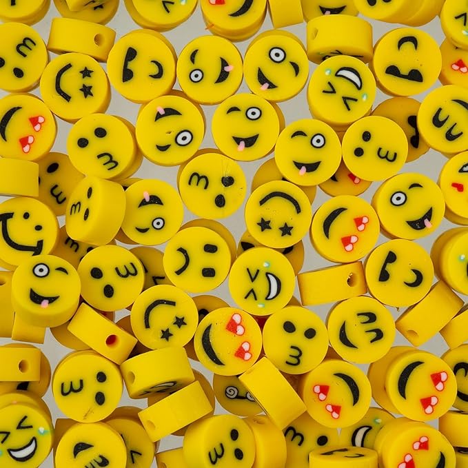 120pcs John Bead 9mm Yellow Emoji Face Polymer Clay Craft Beads for Jewelry Bracelet Making