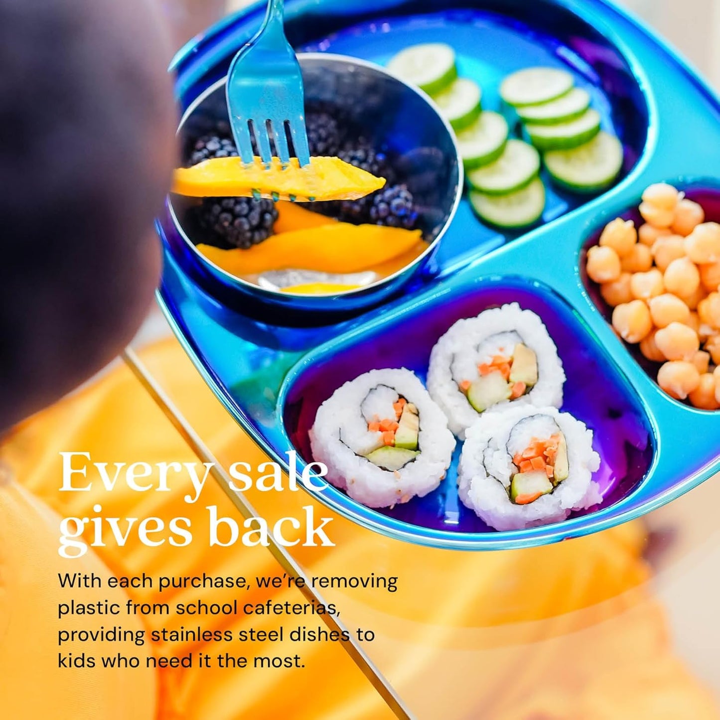 Ahimsa Stainless Steel Kids Dinnerware Set - 5 Piece Stainless Steel Toddler Plates and Bowls Set, Pediatrician Designed, Plastic Free Toddler Plate and Bowl, Kids Utensils and Cup (Blue)