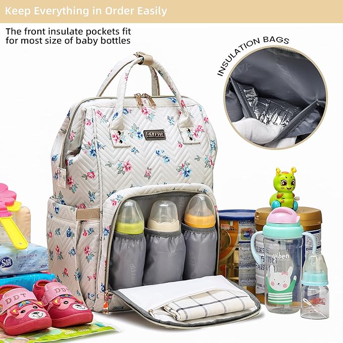 Diaper Bag Backpack, Diaper Bags for Baby Girls Boys, Baby Bags for Moms Dads, Nappy Changing Bag with Insulated Pockets,Multi-functional Waterproof Backpack with Stroller straps-Beige Flowers