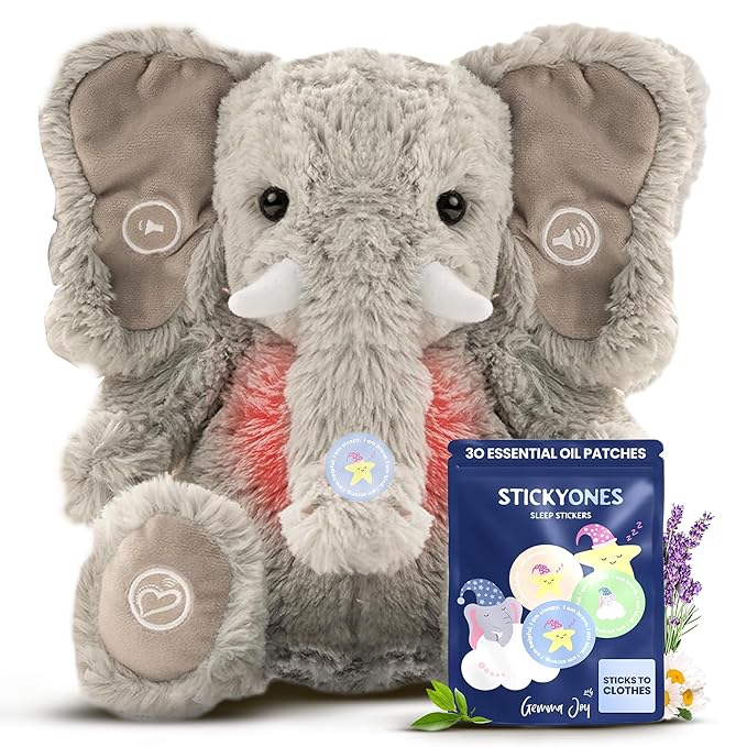 Gemma Joy Bedtime Baby Soothers & StickyOnes Sleep Patches - Cry Activated Heartbeat Elephant Plush Toy, Stuffed Animal with Calming Light & All-Natural, No Melatonin Bedtime Patches for Kids and Baby