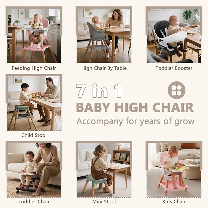 Kinder King 7 in 1 Baby High Chair for Babies and Toddlers with Large Storage Footrest, Booster Seat, Convertible Wooden High Chair with 3-Depth Double Dishwasher Safe Tray, 5 Point Harness, Black