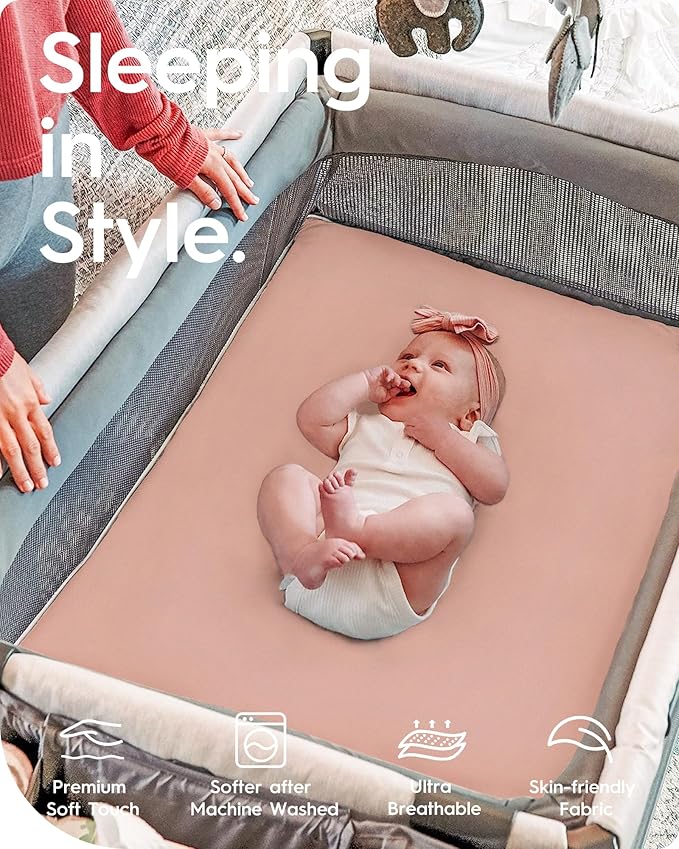 Pack and Play Mattress Sheets, TotBasic Premium Jersey Cotton Mini Crib Sheets Fitted, Ultra Soft Pack N Play Sheet for Girls Boys, Soft and Breathable Portable Crib Sheets for Pack and Play Mattress