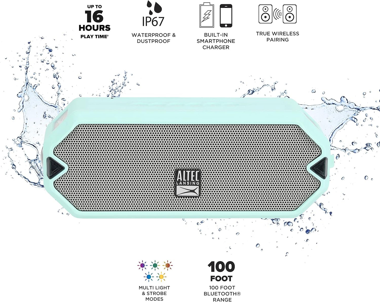 Altec Lansing - HydraJolt Wireless Bluetooth Speaker, Waterproof Portable Speakers with Built in Phone Charger and Lights, Everything Proof Outdoor, Shockproof, Snowproof, 16 Hours Playtime