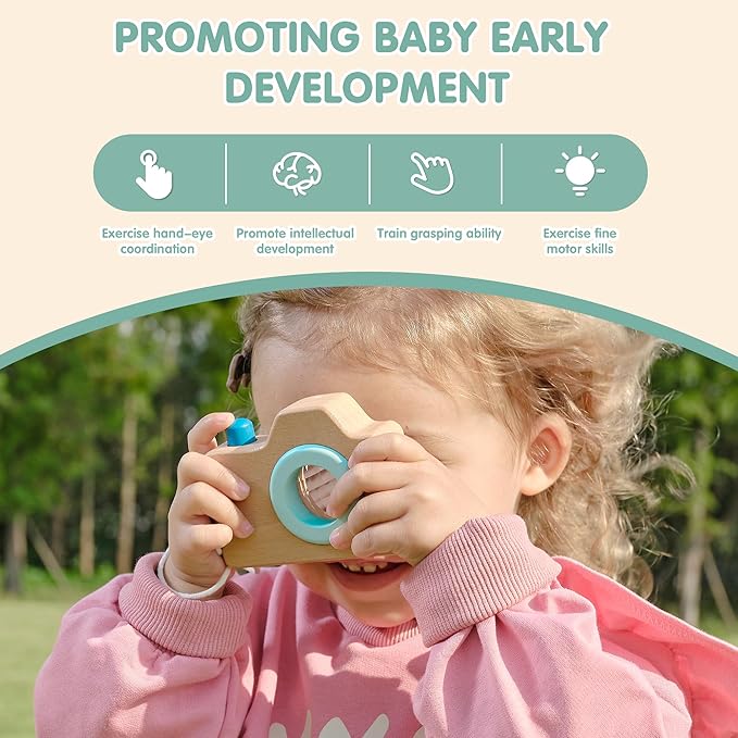 FReniland Wooden Montessori Toys, 3-Piece Wooden Baby Toys, Rotating Drum Toy, Camera Kaleidoscope Toys, Baby Key Rattles,Newborn Baby Gift Sets for Boys and Girls