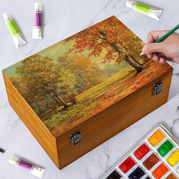 Vintage Wooden Storage Box, 14.14 * 9.43 * 5.89 Inch Small Wooden Box with Hinged Lid for DIY Art Hobby, Wood Keepsake Box Rectangular for Toys Jewelry Crafts Brown