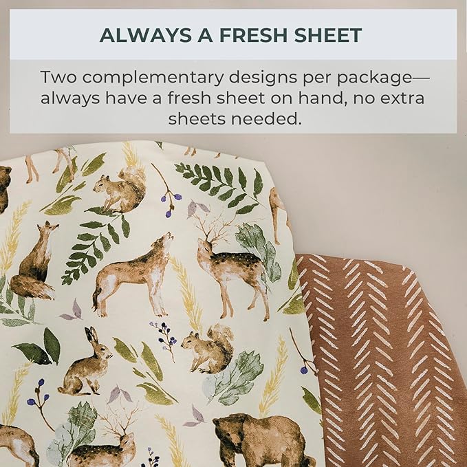 Pobibaby - 2 Pack Premium Pack N Play Sheets Fitted for Standard Pack and Plays and Mini Cribs - Ultra-Soft Cotton Blend, Stylish Woodland Pattern, Safe and Snug for Baby (Wildlife)