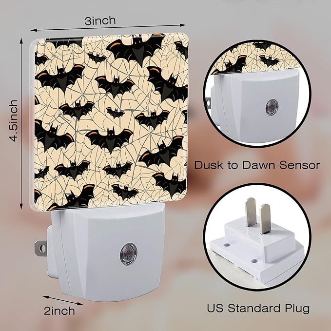 Halloween Gothic Bat and Spider Webs Night Light Plug into Wall, Scary Black Bats Dusk to Dawn Night Light Plug in,0.5w Energy Saving Sleep Friendly NightLight for Kids Boys Girls Home Decor