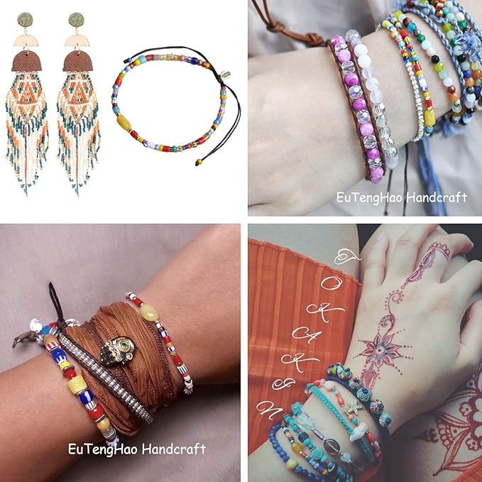 EuTengHao 14400pcs Tube Beads Bugle Glass Seed Beads, Small Craft Spacer Beads for DIY Bracelet Necklaces Crafting Jewelry Making Supplies with Two Crystal String (3mm, 600 Per Color, 24 Colors)