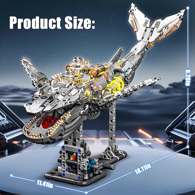 Mech Whale Building Kit with LED Lights, Compatible with Lego Shark, Creative Ocean Building Block Toys, Interactive Design, Home/Office Decor, Gift for Adult＆ Kids Age 12+