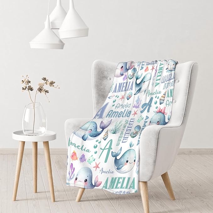 Personalized Baby Blanket for Girls Boys Kids Whales Custom Baby Blanket with Name Throw Birthday Gift for Toddlers Infants Shower Newborns Nursery Stroller Crib Bed Decor