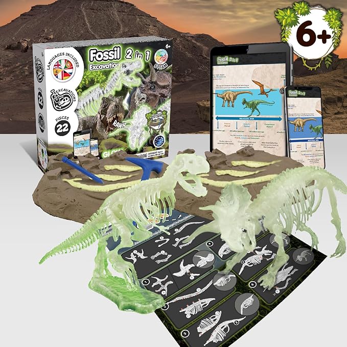 Science4you Dinosaur Fossil Excavation Kit 2 in 1 - Glow-in-The-Dark Fossil Digging Kit for Kids, Build 2 Dinosaur Fossils, 22 Pieces, Archeology Set - Dinosaur Toys, Games for Boys and Girls Age 6+