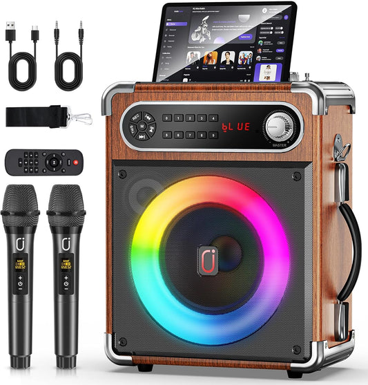 Karaoke Machine with 2 Wireless Microphones,【Upgraded 6.5"Woofer & 2"Tweeter】Portable Bluetooth 5.3 Karaoke Speaker, PA System with Bass/Treble/Echo Adjustment, Supports USB/AUX/TF/TWS for Home Party