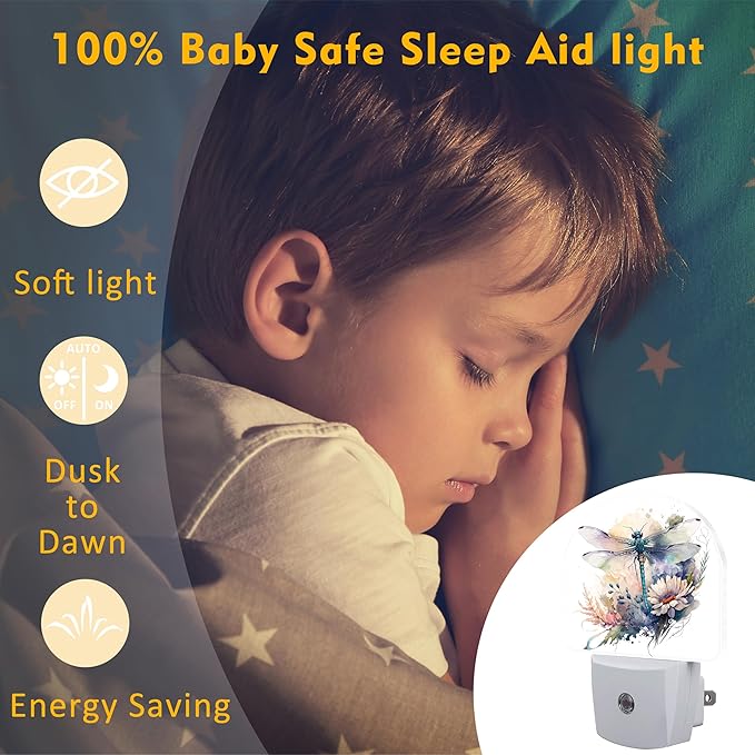 Watercolor Dragonfly Flowers Night Light, Vintage Insect Botanical Floral Leaves Dusk to Dawn Night Light Plug in,0.5w Energy Saving Sleep Friendly NightLight for Kids Boys Girls Home Decor