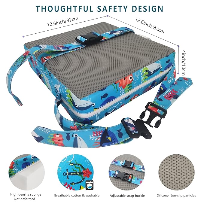 Toddler Booster Seat for Dining Table,4 Inches Washable Double Safer Straps Non-Slip Bottom Booster Seat for Kids, Portable Travel High Density Sponge Detachable Increasing Cushion for Child